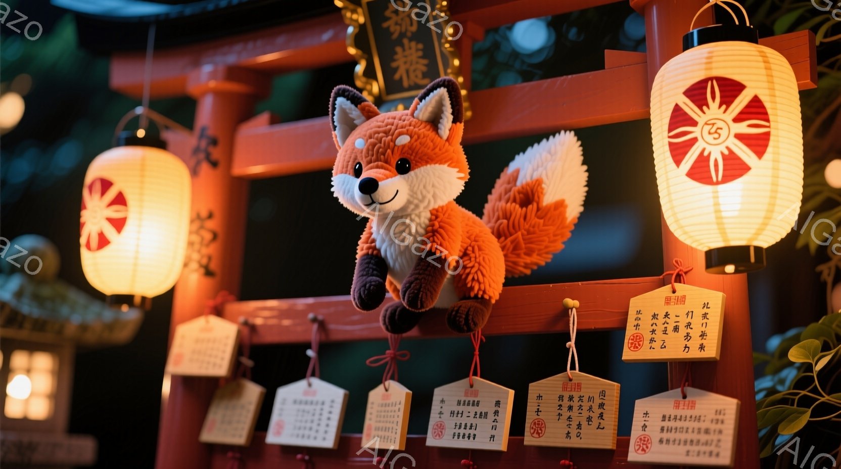 提灯や書道が飾られた屋台が写っており、その中央に可愛らしいキツネのぬいぐるみがあります。キツネは赤い毛並みで、少し微笑んでいるように見え、提灯の光に照らされて温かい雰囲気を醸し出しています。背景にはぼ - AI生成フリー素材