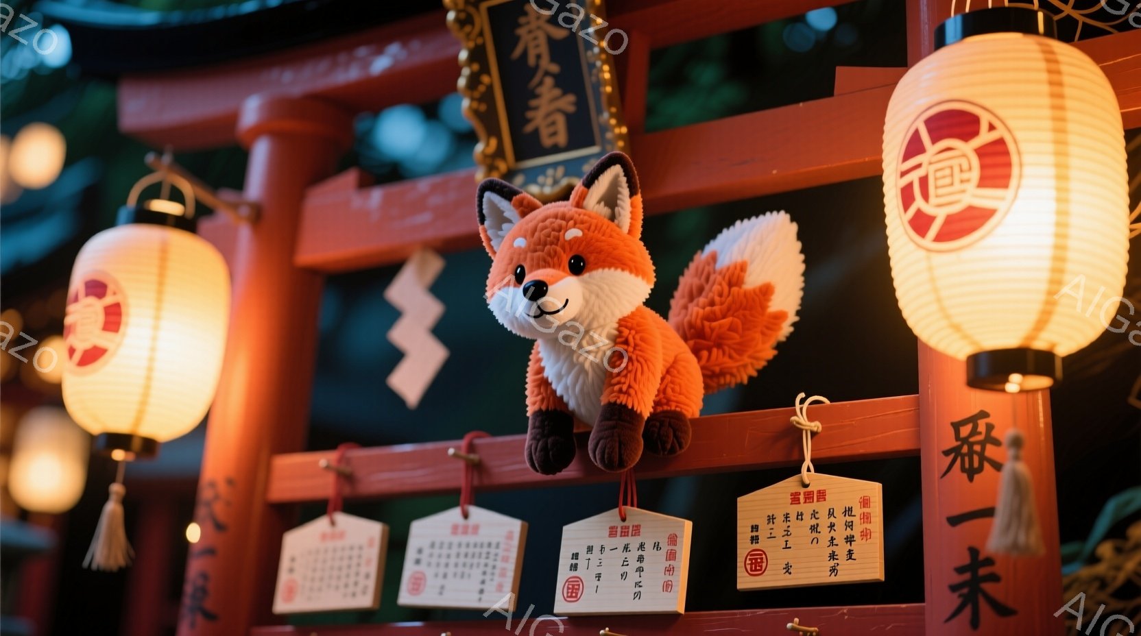 提灯や提灯の装飾が並ぶ屋台の一角に、可愛らしい柴犬のぬいぐるみがお目見えです。ぬいぐるみは棚の上に座っており、楽しそうな表情をしています。背景には漢字の書かれた旗や、屋台の賑やかな雰囲気が感じられます - AI生成フリー素材