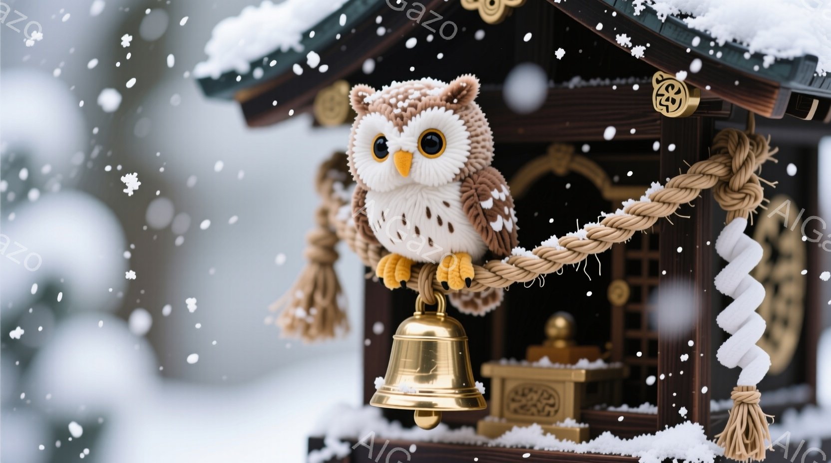 ふわふわとした茶色のフクロウの人形が、神社の注連縄に座って、金色の鐘の横にいます。背景には雪が積もった伝統的な日本の神社が見え、冬の静寂な雰囲気が漂っています。フクロウは丸い目でこちらを見ており、愛らしい表情をしています。