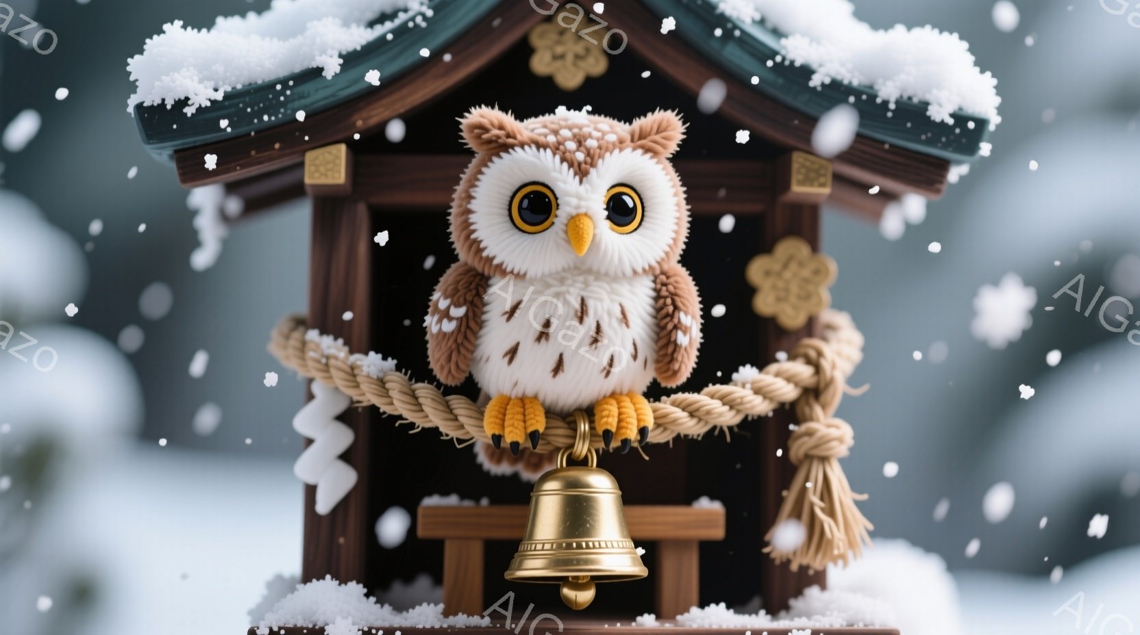 ふわふわの茶色のフクロウが、ロープと小さな鐘の付いた木製の台に座っています。雪がちらつく背景にはぼやけた建物があり、全体的に温かく、おとぎ話のような雰囲気を醸し出しています。フクロウは丸い目と愛らしい表情で、可愛らしさを強調しています。