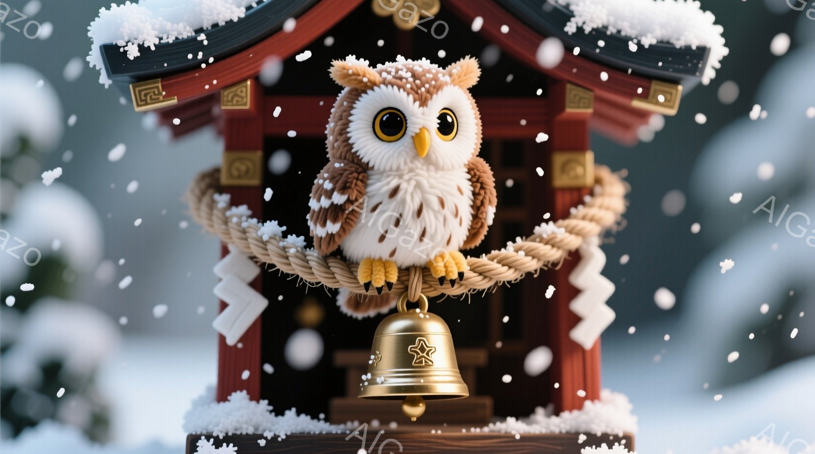 ふわふわとした茶色のフクロウが、赤い神社のような建造物の屋根に巻き付いたロープにとまっています。フクロウは丸い目をしており、少し驚いたような表情を浮かべています。背景には雪が舞い降り、白い世界が広がり、静かで幻想的な雰囲気を醸し出しています。