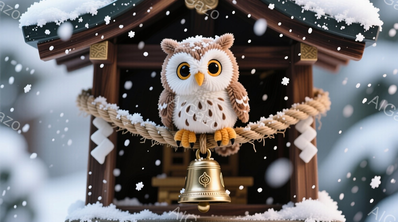 ふわふわとした茶色のフクロウが、神社のような建物の屋根に設置されたロープにとまっている。雪が舞い降りており、建物は雪で覆われ、冬の静寂な雰囲気を醸し出している。フクロウは丸い目でこちらを見つめ、愛らしい表情で鐘の横にちょこんと座っている。