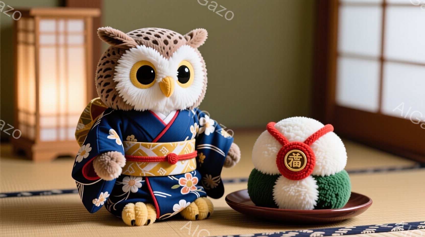 ふわふわのフクロウのぬいぐるみは、濃紺色の可愛らしい着物を着て、畳の上に座っています。白い顔に大きな黒い瞳が印象的で、穏やかな表情をしています。その隣には、赤い紐で結ばれた白と緑の鞠が置かれたお皿があ - AI生成フリー素材