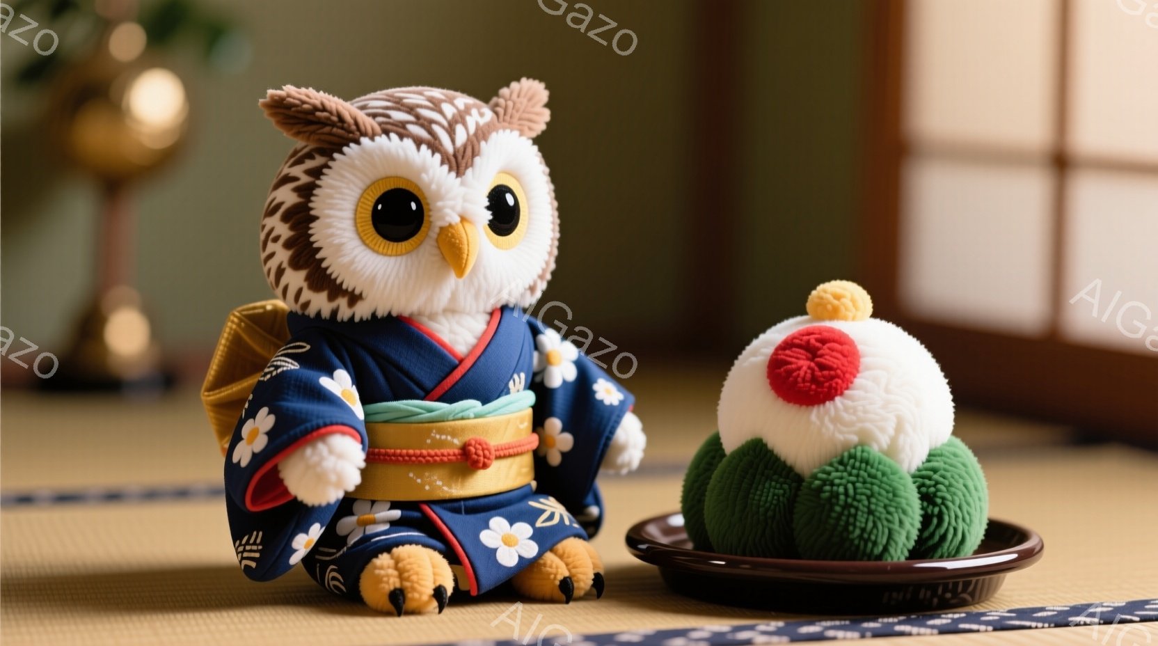 ふわふわとした青い花柄の着物を着たフクロウのぬいぐるみと、お団子を乗せた黒いお皿が畳の上に置かれています。フクロウは丸い体で、大きな目と小さな足が特徴的で、静かに座ってこちらを見ています。背景には障子があり、和の落ち着いた雰囲気が漂っています。