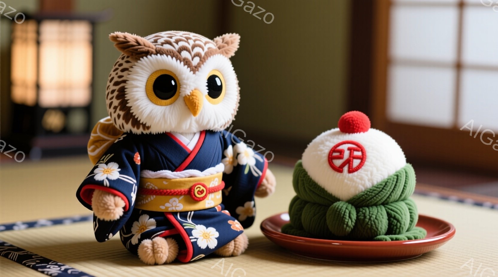 ふわふわのフクロウのぬいぐるみは、濃い青色の着物と白と黄色の花柄の帯を身に着けています。その表情は愛らしく、丸い目と小さな口が特徴的です。背景には畳の部屋が写っており、その横には緑色の丸いお団子のようなぬいぐるみが赤いお皿に乗って置かれています。
