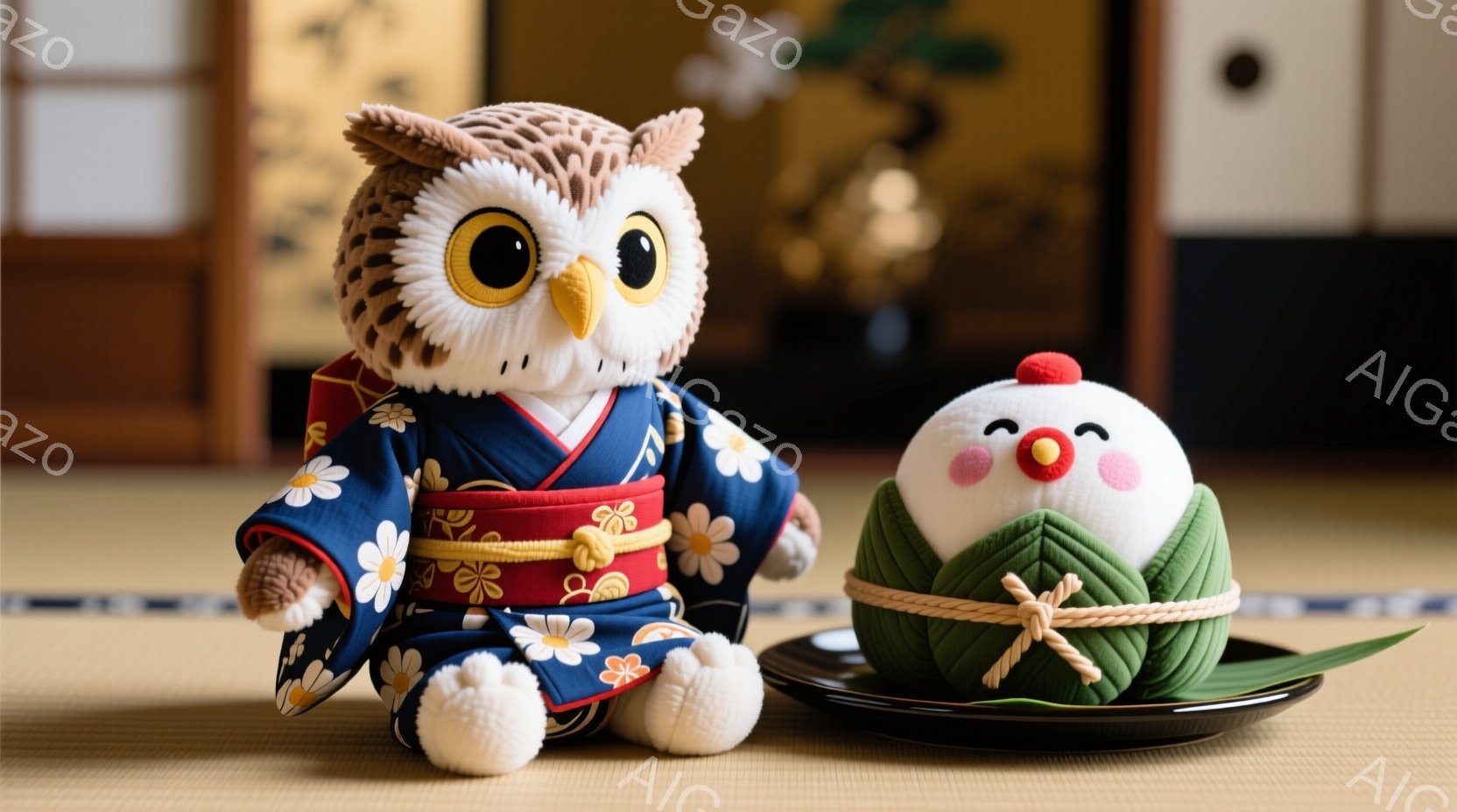 ふわふわのフクロウのぬいぐるみは、紺色の花柄の着物を着て、赤い帯で結ばれています。フクロウは畳の上に座り、丸いお餅のようなものが黒いお皿に乗せられて隣に置かれています。背景には屏風のようなものがぼんや - AI生成フリー素材