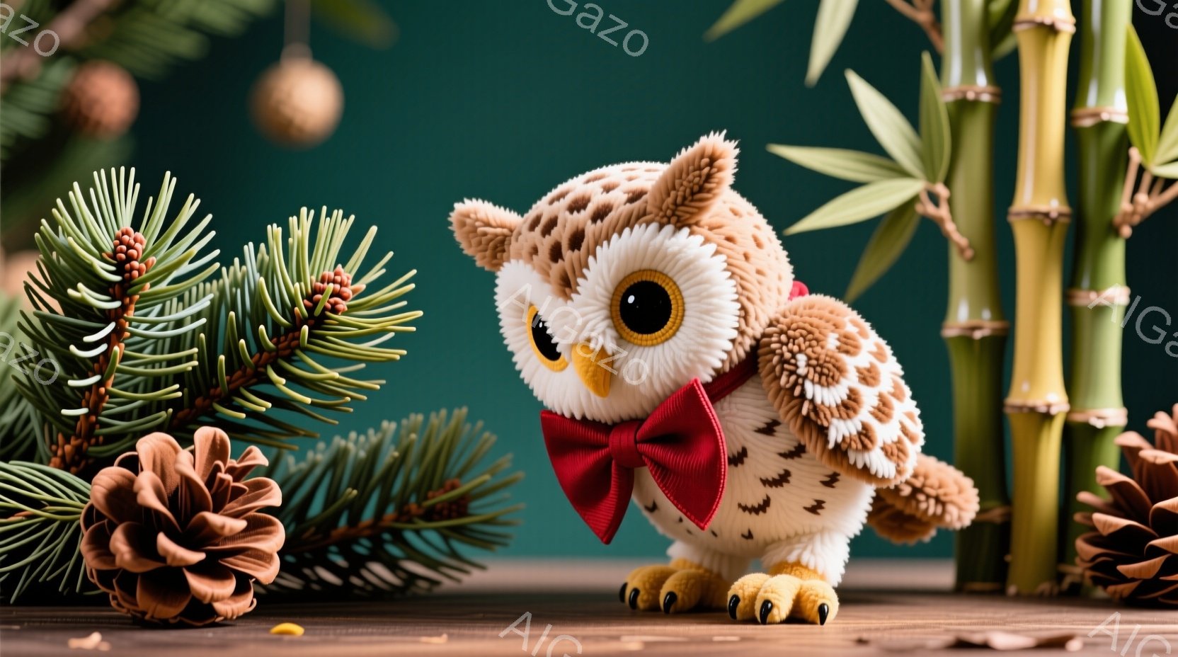 ふわふわの茶色のフクロウが、赤い蝶ネクタイを身に着けて木製のテーブルの上に立っている。背景には、針葉樹の枝と竹が配置され、温かみのある落ち着いた雰囲気を醸し出している。フクロウは丸い目をしており、可愛らしく、全体的に冬の季節を思わせる装飾が施されている。