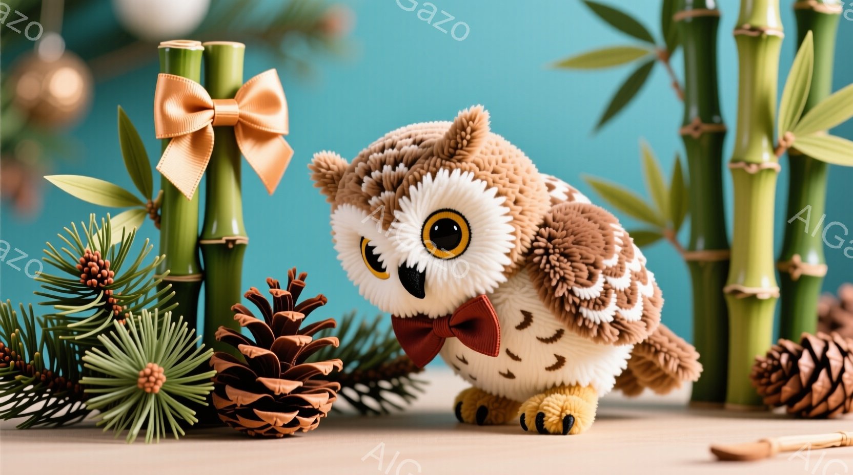 ふわふわとした茶色のフクロウのぬいぐるみは、赤い蝶ネクタイをつけて微笑んでいます。背景には、緑色の竹と、クリスマスらしい松ぼっくりが配置され、全体的に温かく、お祝いの雰囲気です。木製のテーブルの上に置 - AI生成フリー素材