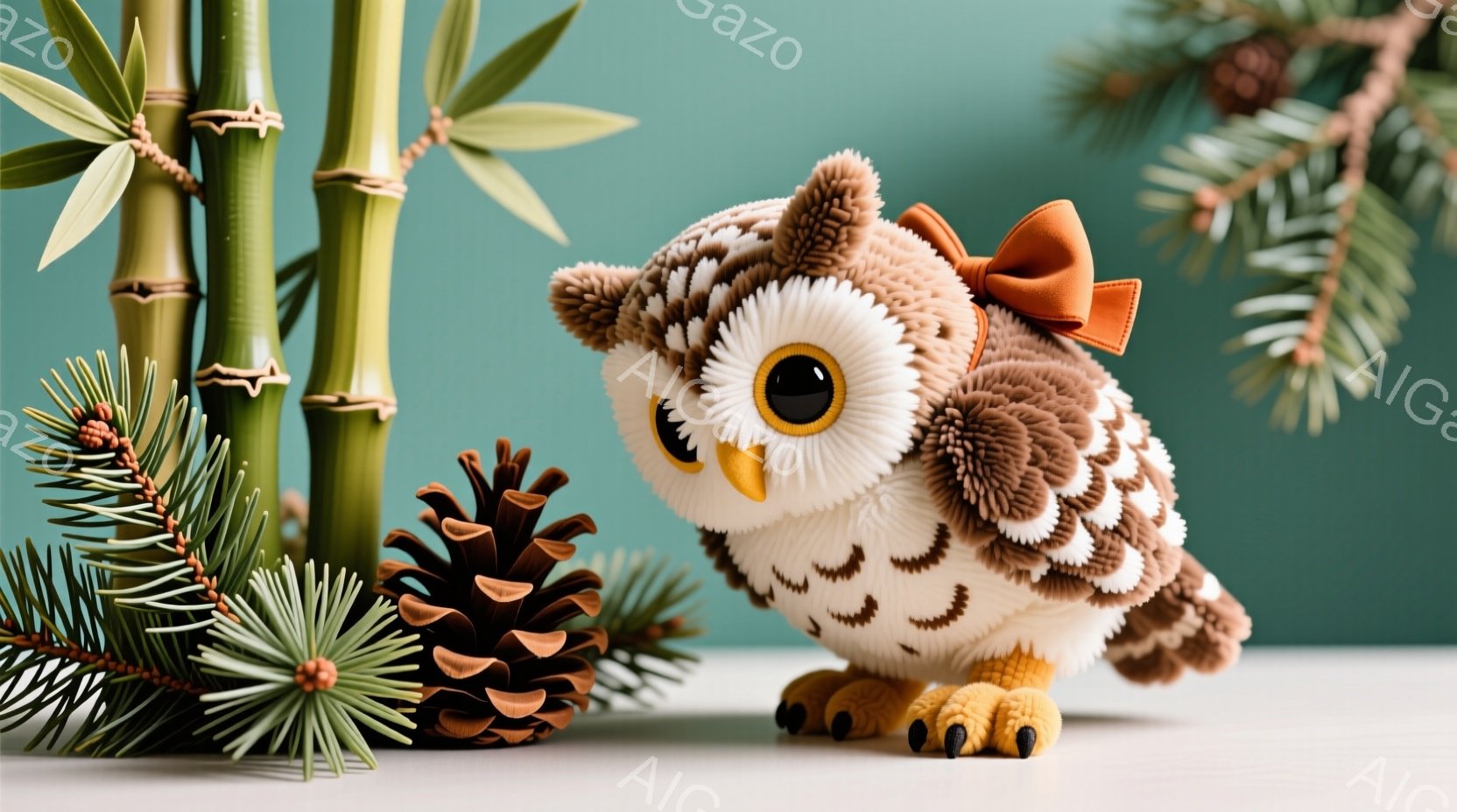 ふわふわの茶色いフクロウのぬいぐるみは、小さな赤いリボンをつけて少し体を傾けています。背景には竹と松ぼっくりがあり、白いテーブルの上に置かれています。全体的に暖かく、可愛らしい雰囲気です。 - AI生成フリー素材