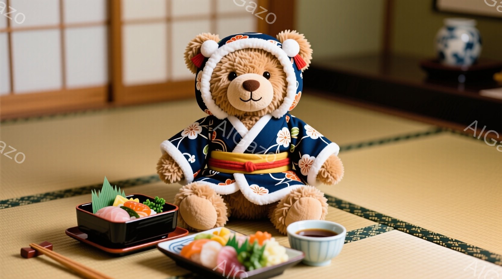 ぬいぐるみテディベアが日本の伝統的な藍色の着物を着て座っています。着物には黄色い花の模様が描かれ、赤い帯が結ばれています。背景には畳の床が見え、黒い漆塗りの器に盛り付けられた寿司と茶碗が並べられていま - AI生成フリー素材