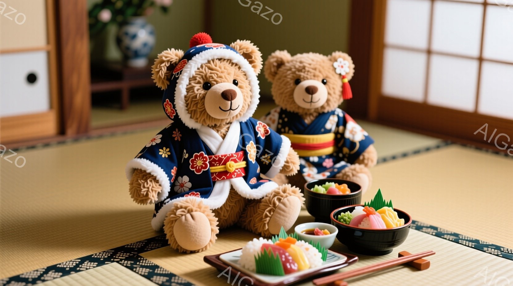 畳の上に、着物を着た2匹のテディベアが座っています。青色の着物には、白い花柄が描かれており、可愛らしい印象を与えます。テディベアの前に、お寿司や和菓子が盛り付けられたお盆が置かれており、日本の伝統的な雰囲気を醸し出しています。