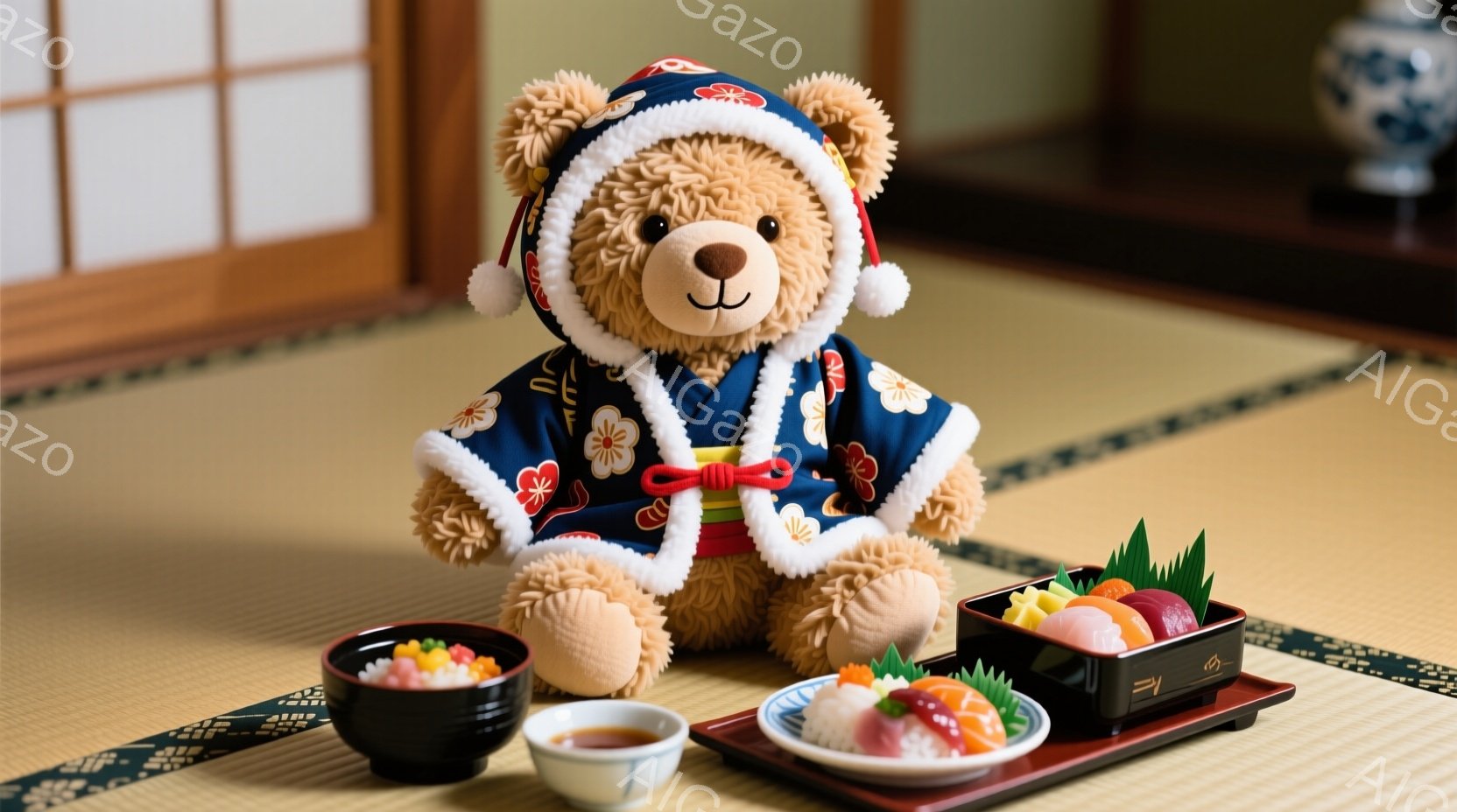 ふわふわの茶色のテディベアが、藍色の花柄の着物を着て座っています。テーブルの上には、小さな器に入ったお寿司や、醤油が入った茶碗が置かれており、まるで本格的な食事の準備をしているかのようです。畳の部屋は - AI生成フリー素材