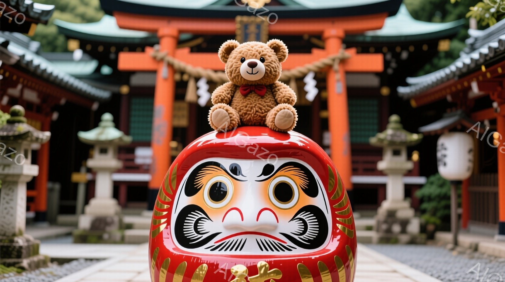 赤いダルマの人形の上に、茶色のテディベアが座っています。テディベアは赤いリボンをつけており、穏やかな表情をしています。背景には、鮮やかな朱色の神社と石畳の道、そして緑豊かな木々が見え、厳かで静謐な雰囲気が漂っています。