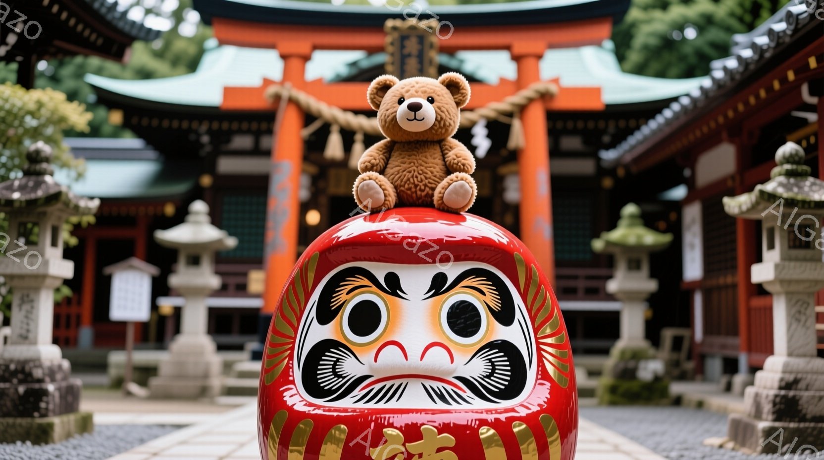 大きな赤い達磨の人形の上に、茶色いテディベアが座っています。背景には、鮮やかな朱色の社殿と石灯籠が並び、緑豊かな木々が背景を彩っています。全体的に、穏やかで静謐な、寺院の雰囲気が漂っています。