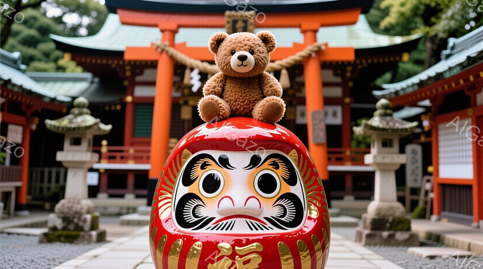 真っ赤な達磨の上に、茶色のテディベアがちょこんと座っています。背景には朱色の建物と石灯籠が並び、緑豊かな自然に囲まれています。全体的に温かく、可愛らしい雰囲気で、どこか祈りのような静寂を感じさせます。 - AI生成フリー素材