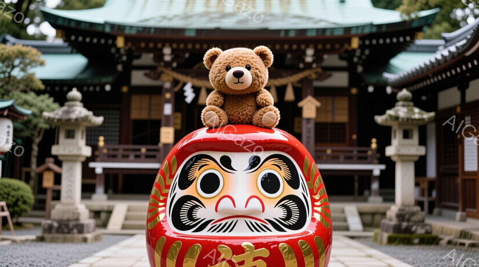 大き<start_of_image>な赤色の達磨人形の上に、小さな茶色のテディベアが座っています。背景には、緑豊かな木々や伝統的な建築様式の寺院が見え、穏やかで静寂な雰囲気が漂っています。石畳の道と薄曇りの空が、寺院の荘厳さと自然の美しさを際立たせています。