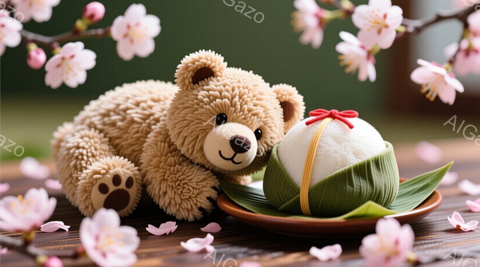 ふわふわのテディベアが、お団子を乗せたお皿の隣に横たわっています。背景には桜の花びらが散りばめられ、春の穏やかな雰囲気を醸し出しています。全体的に暖かく、可愛らしい印象を与える写真です。