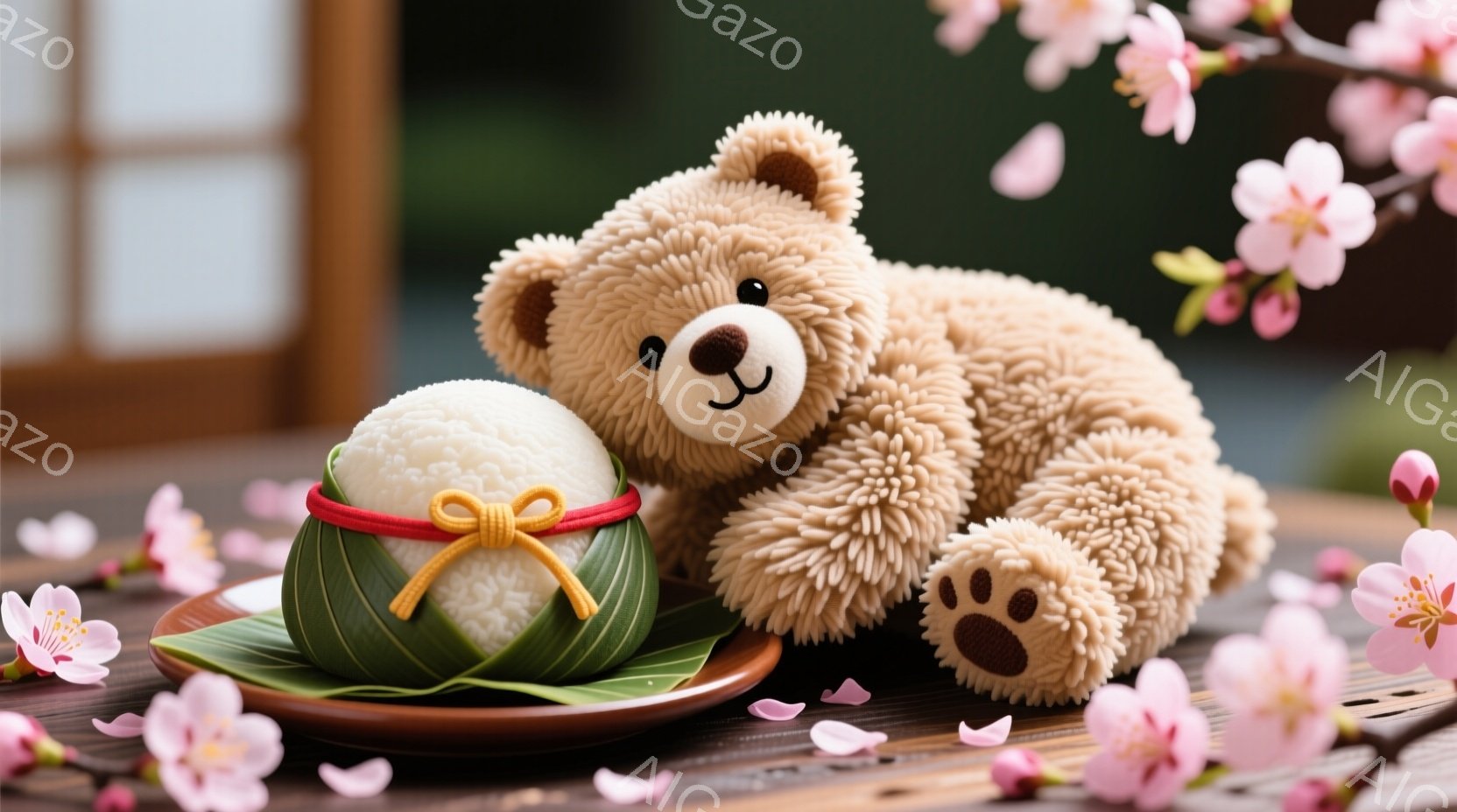 ぬいぐるみと日本の伝統的なお団子が木製のテーブルの上に置かれています。お団子は緑色の葉で包まれ、赤い紐で結ばれており、その隣にはふわふわの茶色のクマのぬいぐるみが寄り添っています。背景には桜の花びらが舞い散り、春の穏やかな雰囲気を醸し出しています。