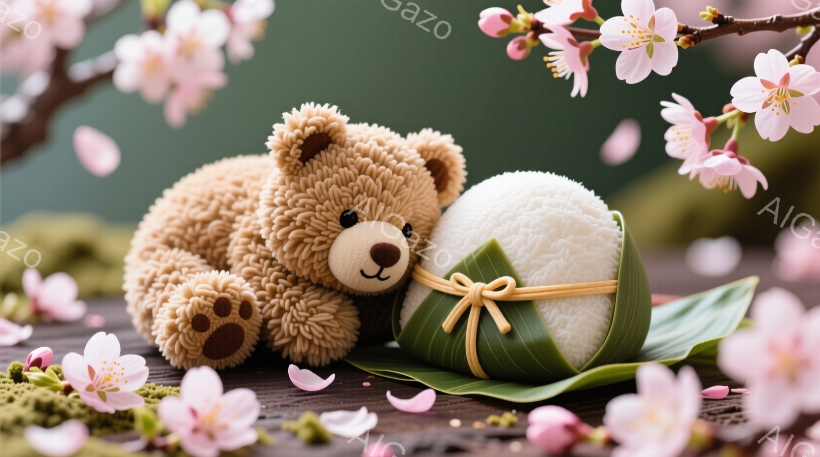 柔らかい茶色のテディベアが、緑色の葉で包まれたおにぎりの隣に横たわっています。周りには桜の花びらが舞い散り、背景には桜の枝がぼんやりと見え、春の穏やかな雰囲気を醸し出しています。テディベアは可愛らしい表情で、春のピクニックを楽しむような、温かく優しい光景です。
