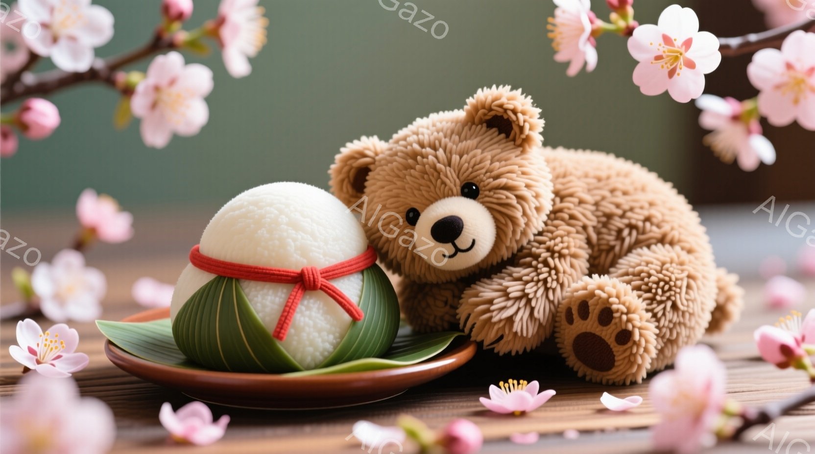温かい色のテディベアが、お団子と一緒に木製のテーブルに置かれています。お団子は緑色の葉で飾り付けられ、赤い紐で結ばれており、春らしい桜の花びらがテーブル全体に散りばめられています。背景はぼかされており、穏やかで優しい春の雰囲気を醸し出しています。