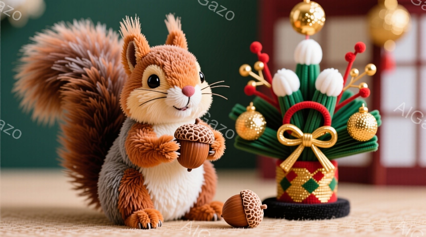 ふわふわの茶色のリスが、片手にドングリを持っています。背後には、赤い模様の円柱をベースにした、可愛らしいクリスマスツリー型のオブジェがあり、金色のオーナメントや赤いリボンで飾られています。全体的に暖か - AI生成フリー素材
