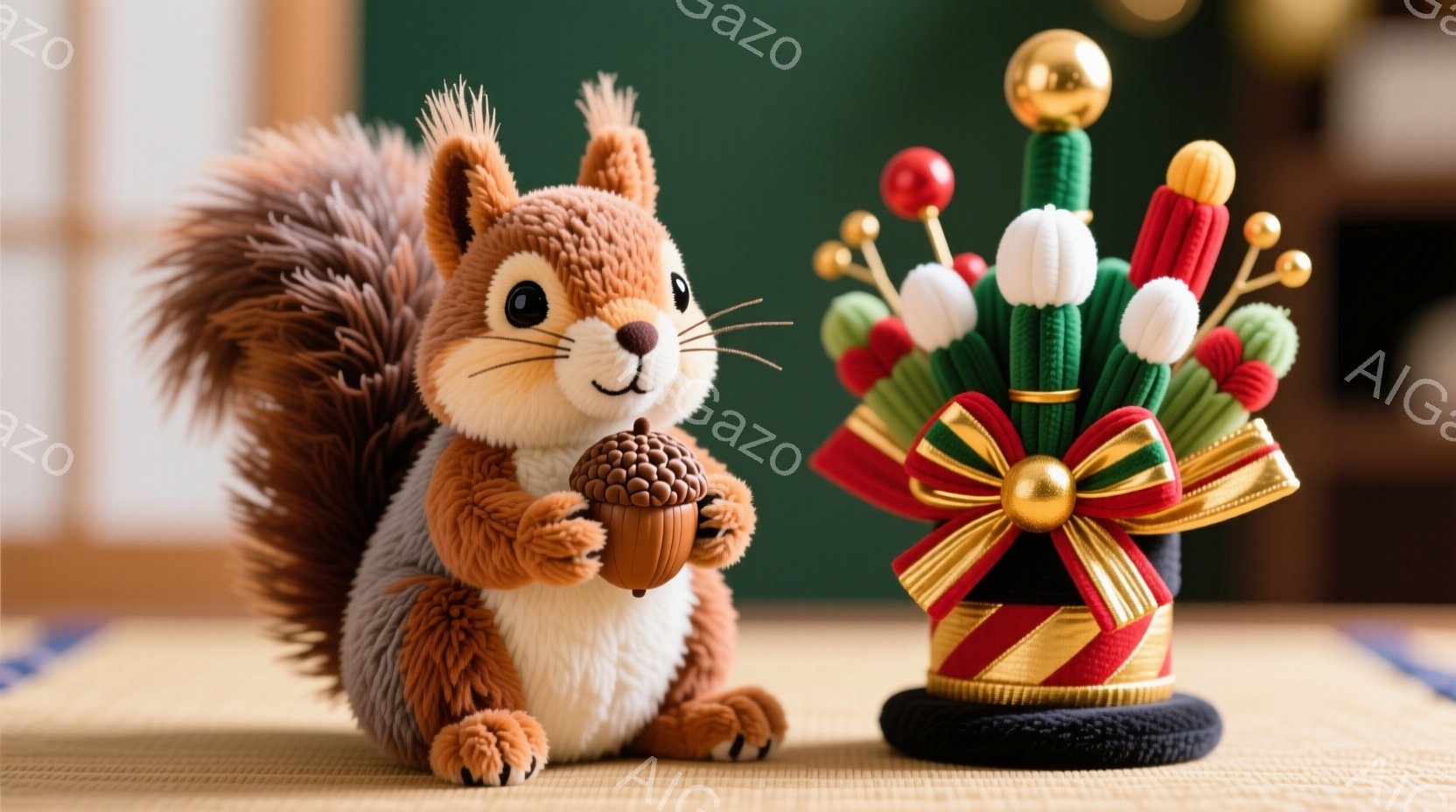 ぬいぐるみのかわいいリスが、小さなドングリを抱えています。背景には、色とりどりの細長い飾りで飾られた、日本の伝統的なお正月飾り「門松」が立っています。全体的に温かみのある雰囲気で、お正月の可愛らしい飾り付けが印象的です。