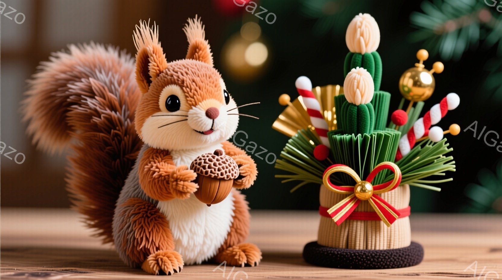 茶色のふわふわしたリスが、小さなドングリを両手で抱えています。背景には、松や竹で作られた伝統的な日本の正月飾りがあります。木製のテーブルの上に置かれており、全体的に暖かく、お祭り気分を漂わせています。