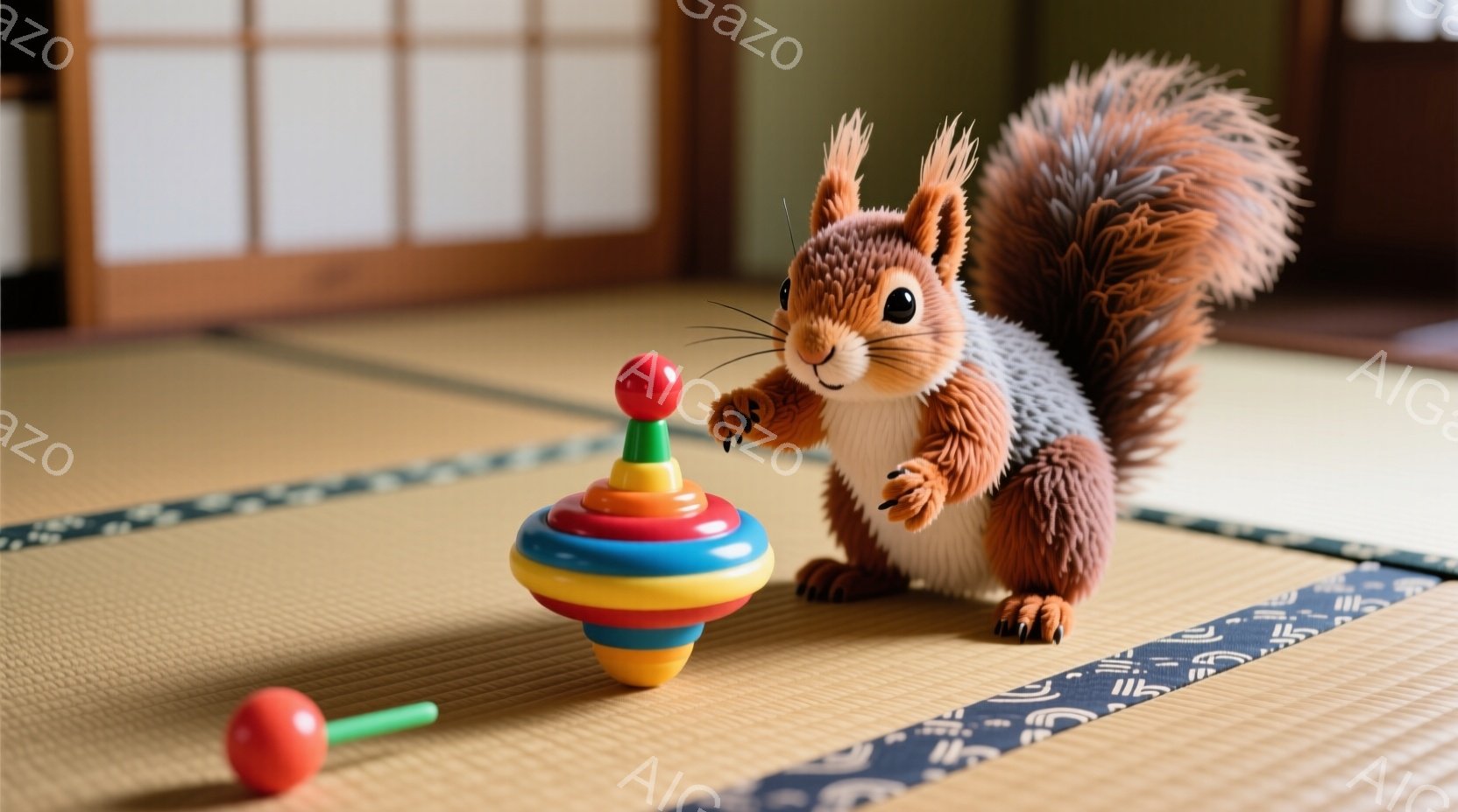 リスが畳の上に座り、カラフルなコマを見つめています。リスは茶色の毛並みで、ふさふさとした尾を持ち、前足でコマに触れようとしています。背景には、日本の伝統的な部屋の一部が見え、落ち着いた雰囲気です。 - AI生成フリー素材
