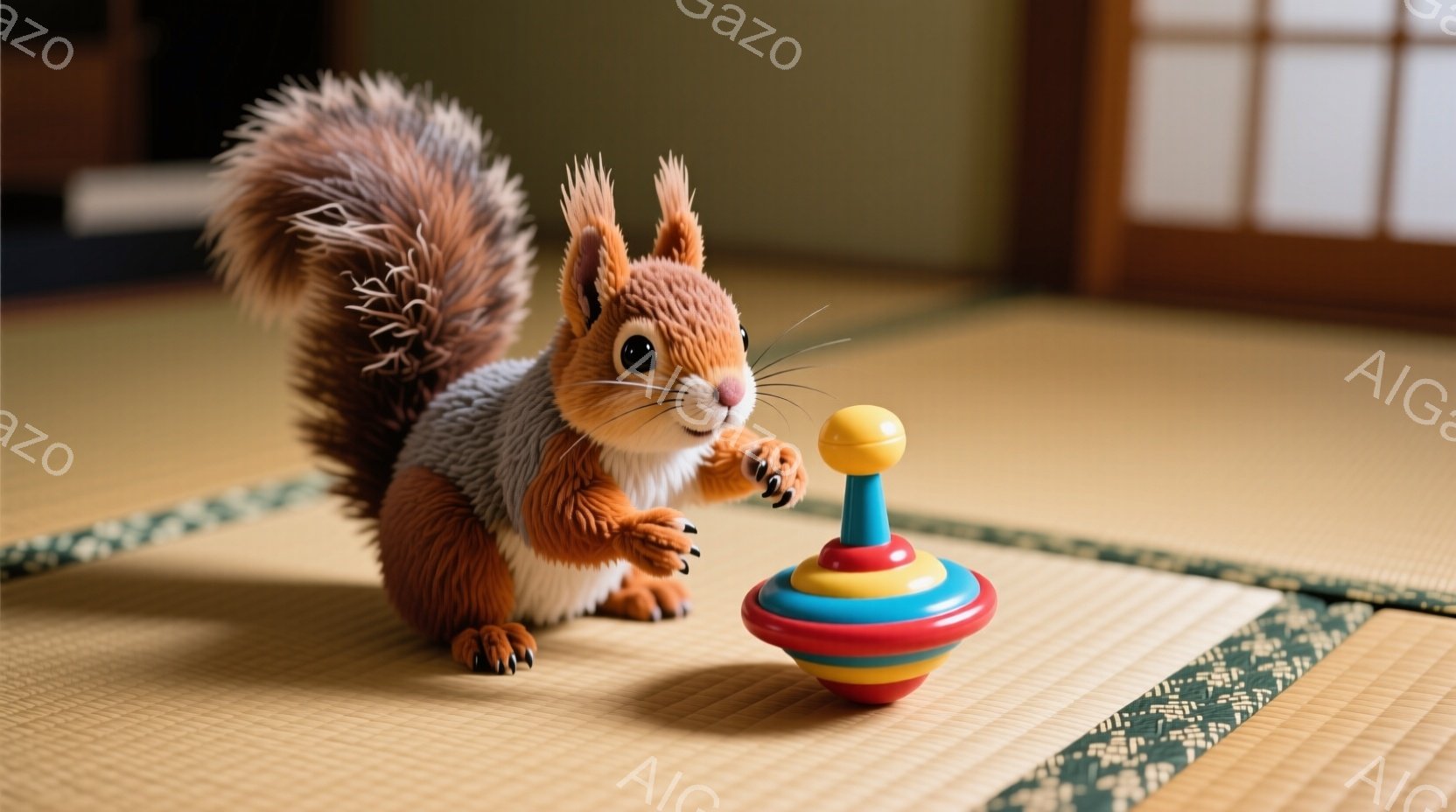 リスが畳の上に座り、カラフルなこまに興味津々に見つめています。ふさふさとした尾は大きく膨らみ、小さな前足でこまを見つめる表情は可愛らしいです。背景には障子が見え、落ち着いた日本の伝統的な雰囲気が漂って - AI生成フリー素材