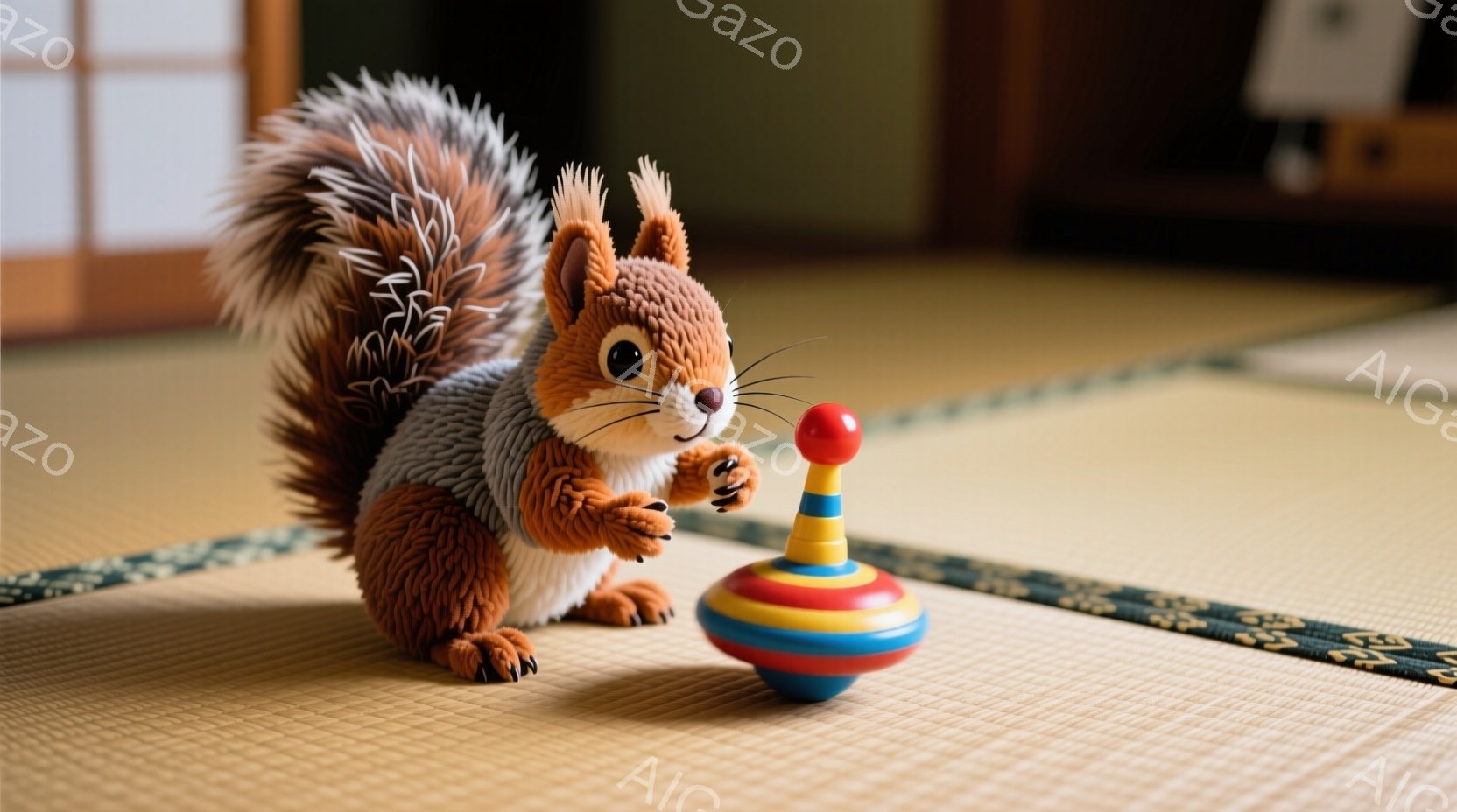 畳の上に、毛並みの美しいオレンジ色のリスが、カラフルなコマを見つめています。リスは前足を組み、好奇心と少し戸惑った表情でコマを眺めており、その姿は愛らしいです。背景には、障子と暗い木製の壁が見え、日本 - AI生成フリー素材