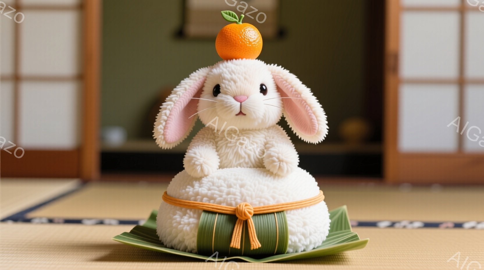 白いウサギが畳の上に座り、頭にオレンジが乗せられています。ウサギは丸い体に緑色のリボンが巻かれ、まるで大きなおにぎりのように見えます。背景には和室の壁と襖があり、静かで温かい雰囲気が漂っています。 - AI生成フリー素材