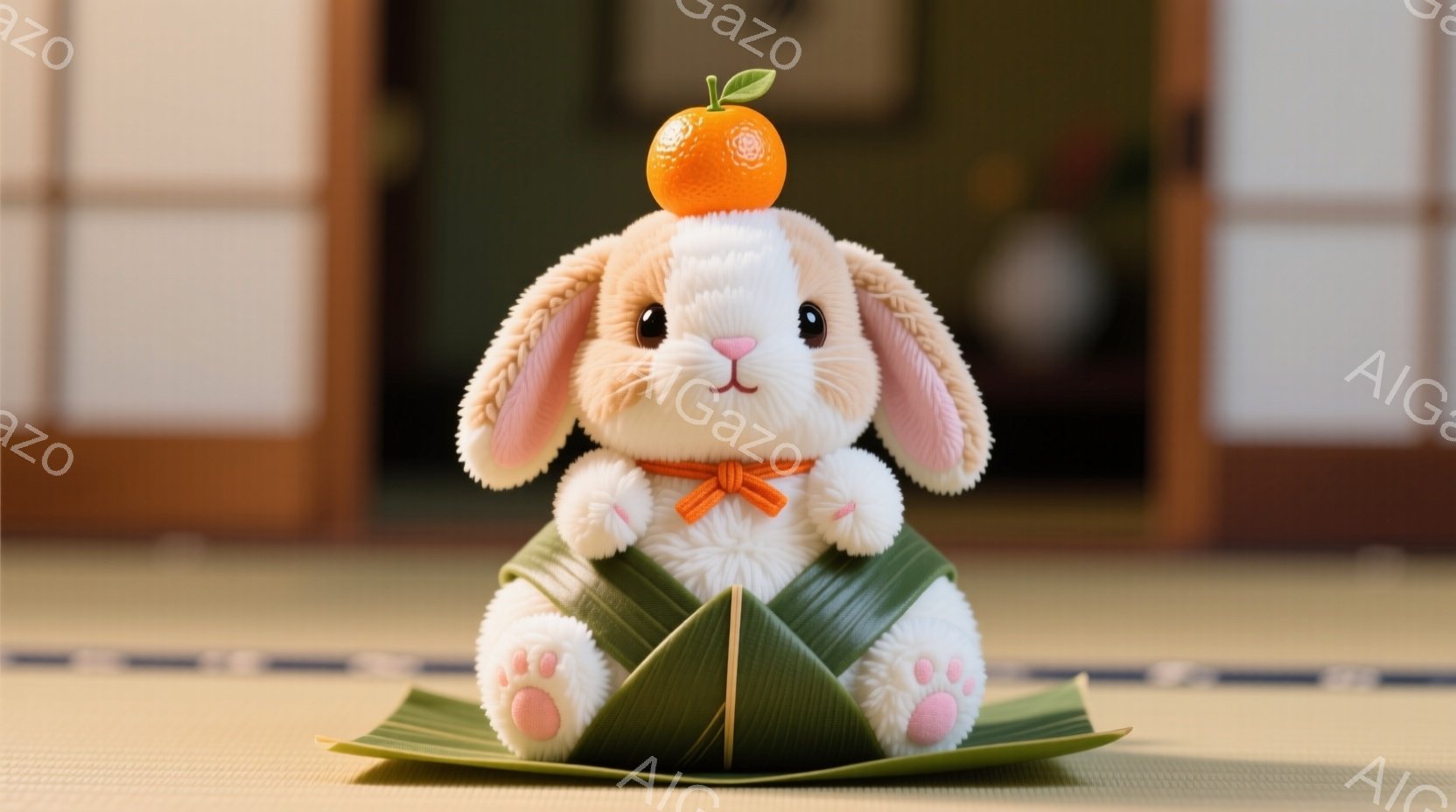ふわふわの白い子ウサギが、頭にみかんを乗せ、畳の上に座っています。赤いリボンを胸元に結び、両足の裏はピンク色で可愛らしいです。背景には襖があり、落ち着いた和の雰囲気が漂っています。