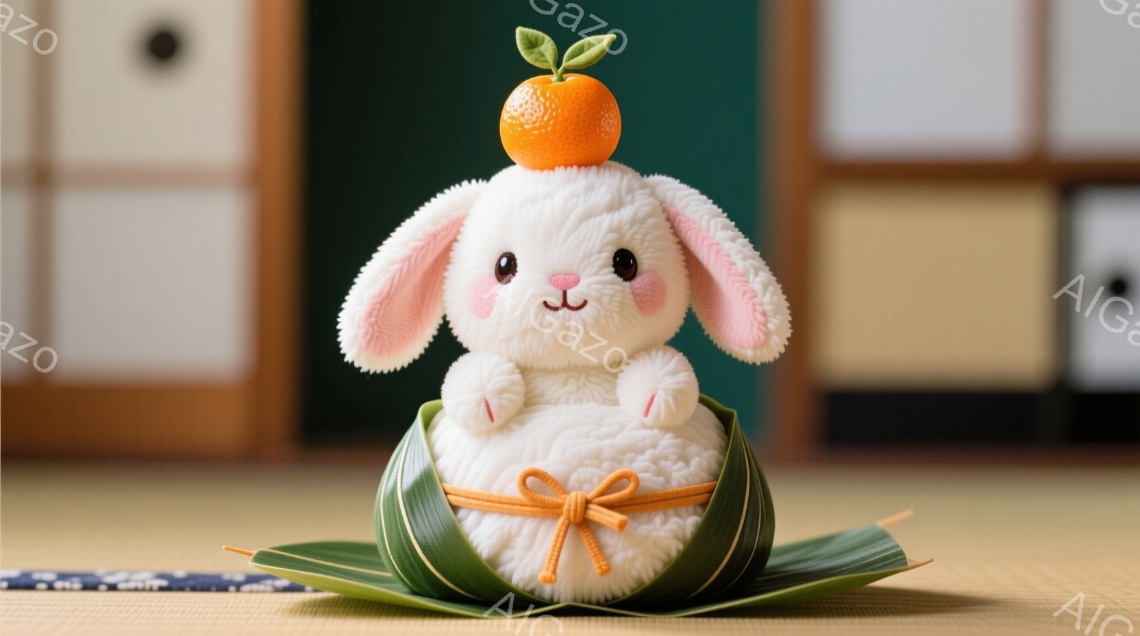 ふわふわの白いウサギのぬいぐるみが、まるでお団子のように丸い体で座っています。頭の上にはみかんが置かれ、緑色の葉と赤い紐で飾られています。背景には畳と障子があり、日本の伝統的な雰囲気が漂っています。