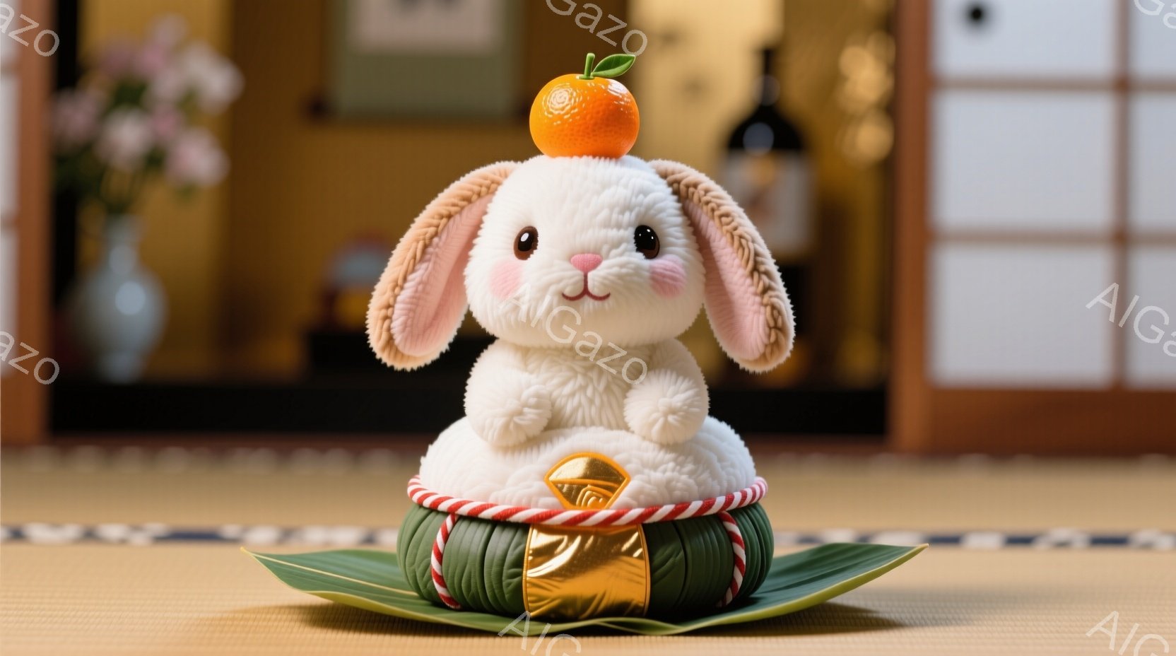 白くてふわふわのウサギが、緑色の台に座っており、頭にはみかんが乗っています。背景には畳と障子、そして花瓶が置かれており、落ち着いた和の雰囲気が漂っています。ウサギは愛らしい表情をしており、全体的に可愛らしく、お正月らしい穏やかな雰囲気を醸し出しています。