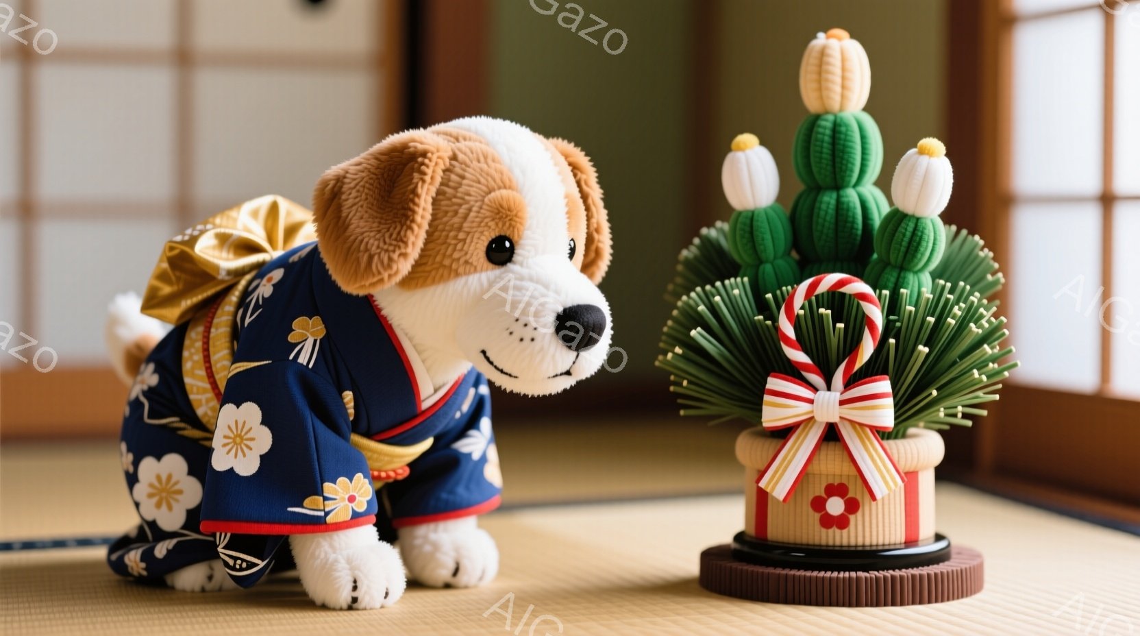 紺色の花柄の着物を着た犬のぬいぐるみと、縁起の良い松飾り（かがみ餅と松）が畳の上に並んでいます。犬は前足を伸ばして座っており、穏やかな表情で正面を見つめています。背景には障子戸が見え、全体的に落ち着いた和の雰囲気が漂っています。