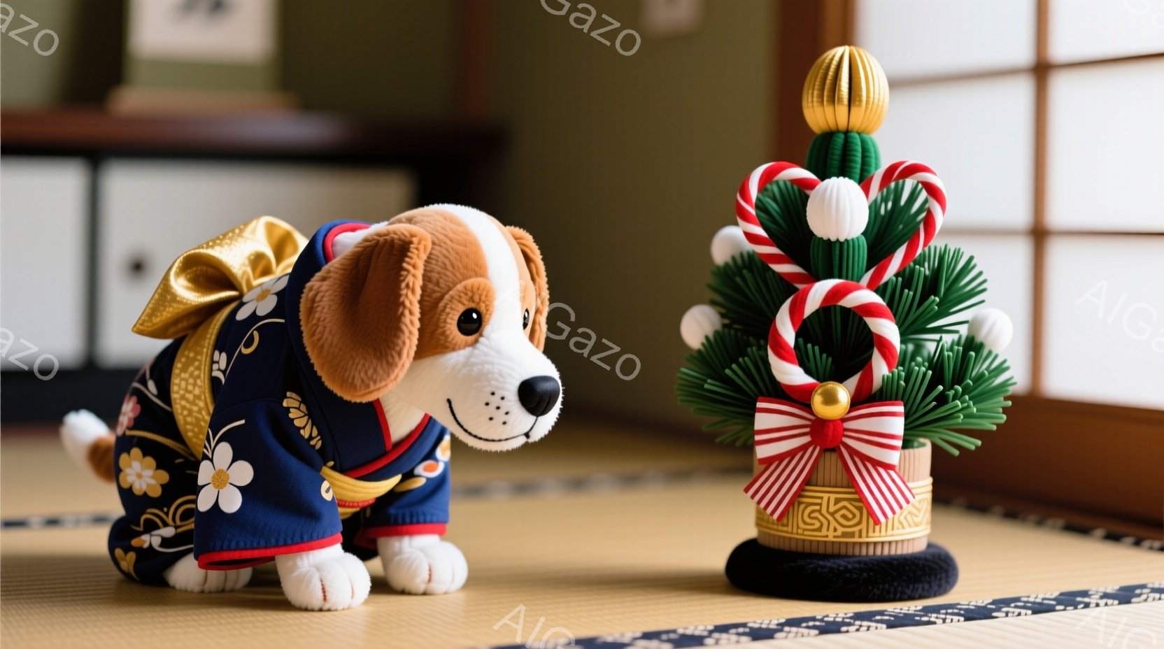 畳の上に、着物を着た子犬と、お正月飾りの一対が置かれています。子犬は濃い藍色の着物で、白い菊の花模様が描かれ、赤い帯が締めてあります。背景には障子と白い収納家具が見え、落ち着いた和の雰囲気を感じさせます。