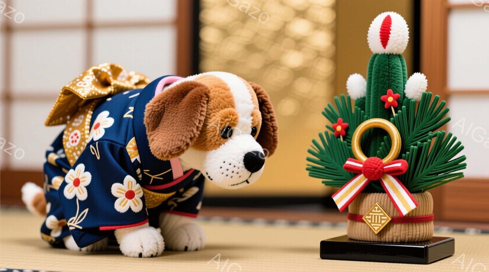 畳の上に、青い着物を着た犬のぬいぐるみと、お正月飾りのかがみ餅が並んでいます。犬は少し伏せていて、着物には白い花柄があしらわれており、首には赤いリボンが付いています。背景には障子戸が見え、全体的に落ち着いた、お正月らしい温かい雰囲気が漂っています。