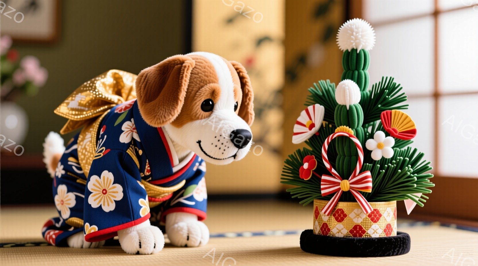 畳の上に、青地に白と黄色の花柄の着物を着た子犬がひざまずいて座っています。背後には、赤い菱形模様の台座に乗った、葉や花で飾られたお正月飾り（松梅）が置かれています。室内は薄暗く、和風の落ち着いた雰囲気が漂っています。