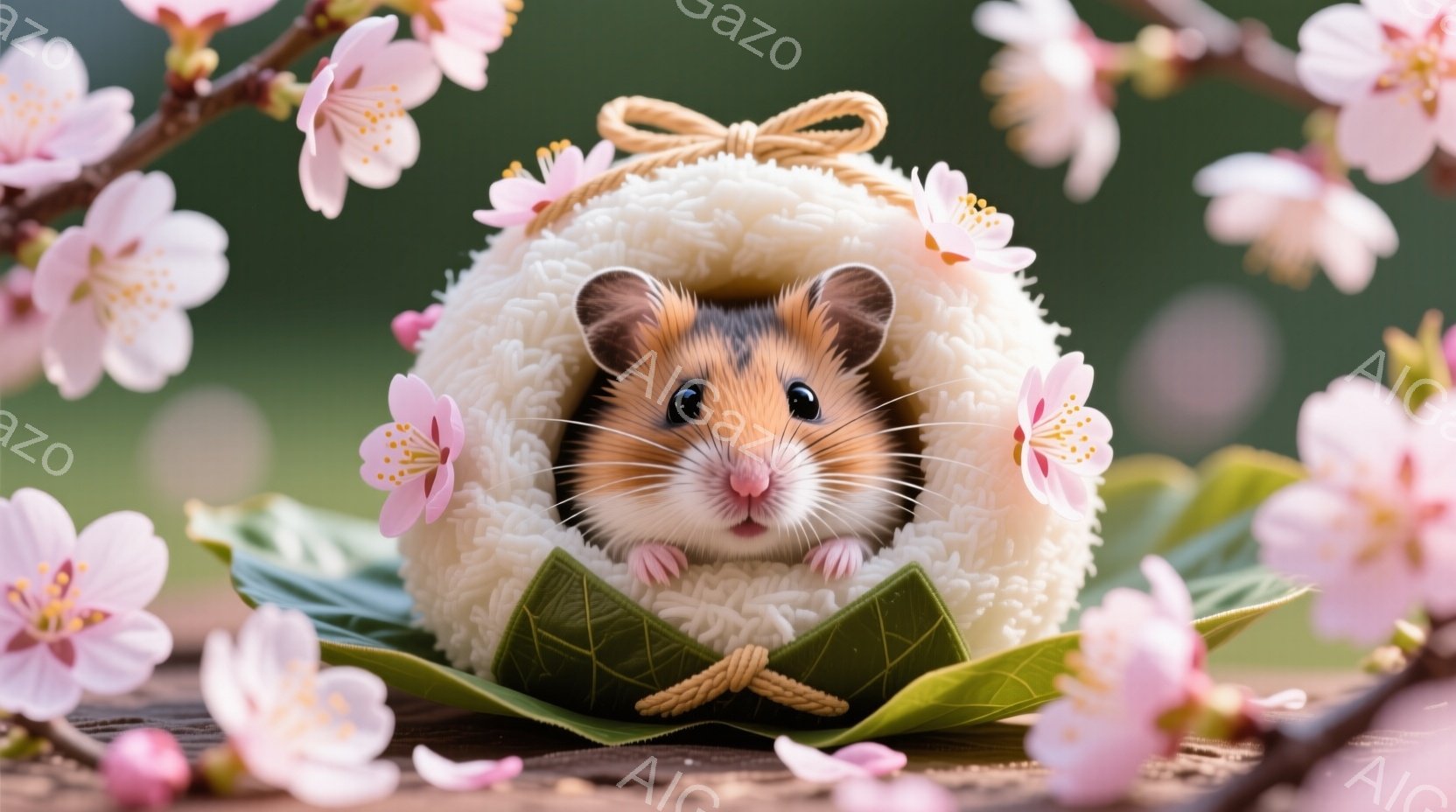小さなハムスターが、おにぎりのような白い衣装の中に可愛らしく収まっている。緑色の葉と縄で結ばれた衣装は、まるで本当のおにぎりのようで、ハムスターのつぶらな瞳がこちらを見つめている。背景には桜の花びらが舞い散り、春の暖かな雰囲気を醸し出している。