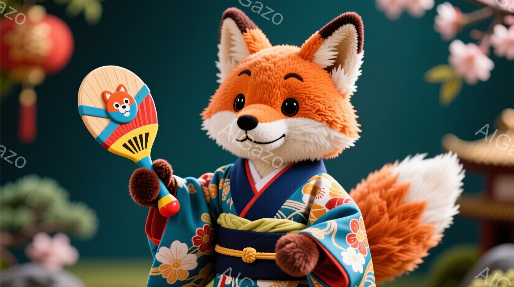 キツネのキャラクターが、鮮やかな青色の着物を着て立っています。着物には大きな赤い花柄が描かれ、オレンジ色の帯が締まっています。背景には日本の伝統的な建物と桜の花がぼんやりと見え、温かくお祝いの雰囲気を - AI生成フリー素材
