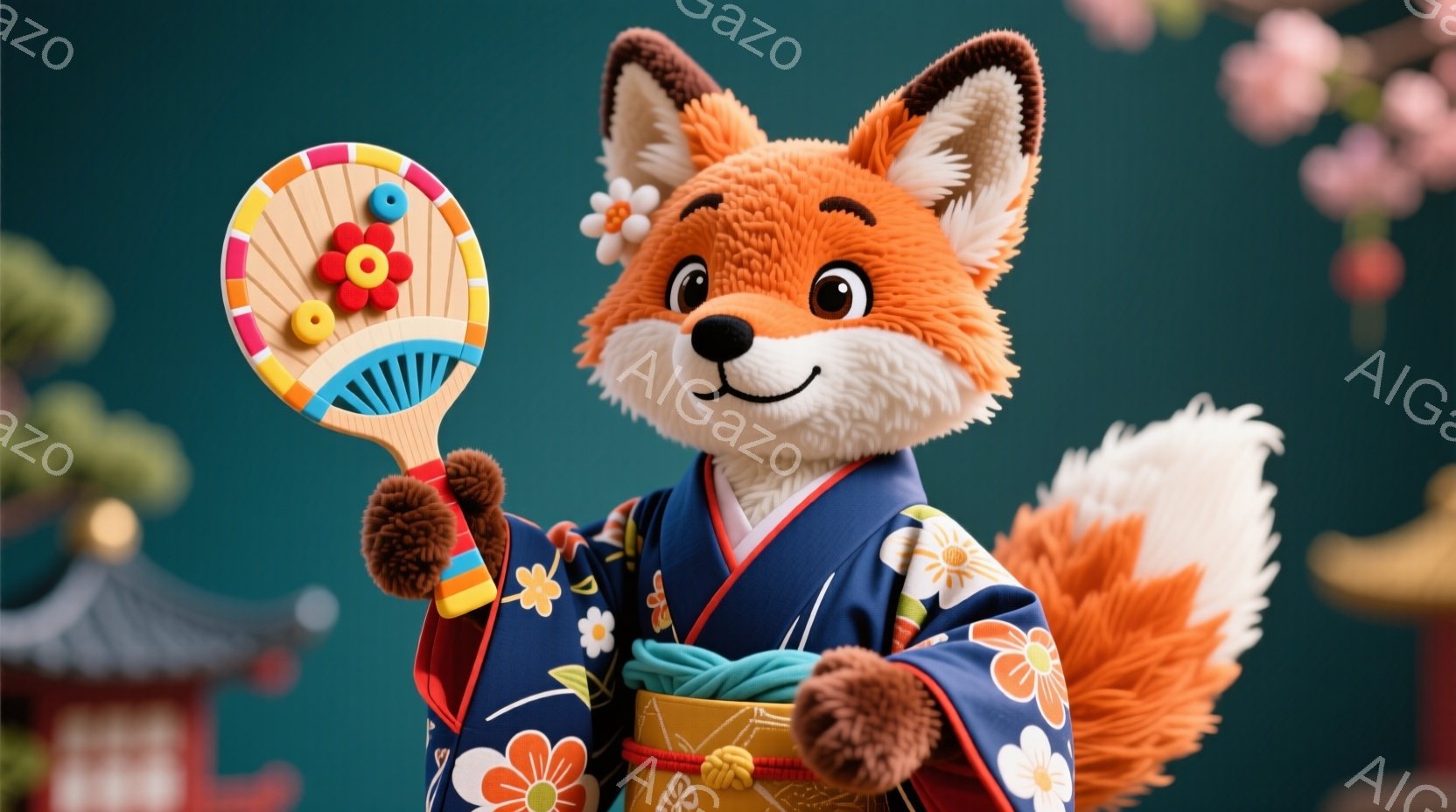 鮮やかな藍色の着物を着た狐が、片手に可愛らしい扇子を持って立っています。着物には白い花柄が散りばめられ、帯は金色と緑色で装飾されています。背景には、赤い屋根の寺院と桜の花が咲き乱れる風景が広がり、春らしい穏やかな雰囲気が漂っています。