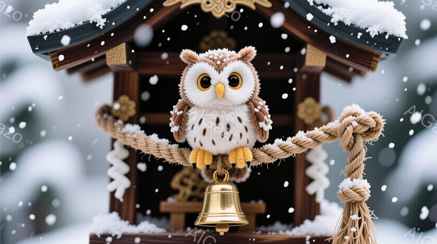 ふわふわとした白いフクロウの置物が、神社の注連縄にぶら下がった釣鐘の横に座っています。雪が舞う冬の背景には、伝統的な木造建築の神社が見え、全体的に暖かく可愛らしい雰囲気が漂っています。フクロウは丸い目でこちらを見ており、愛らしい表情をしています。