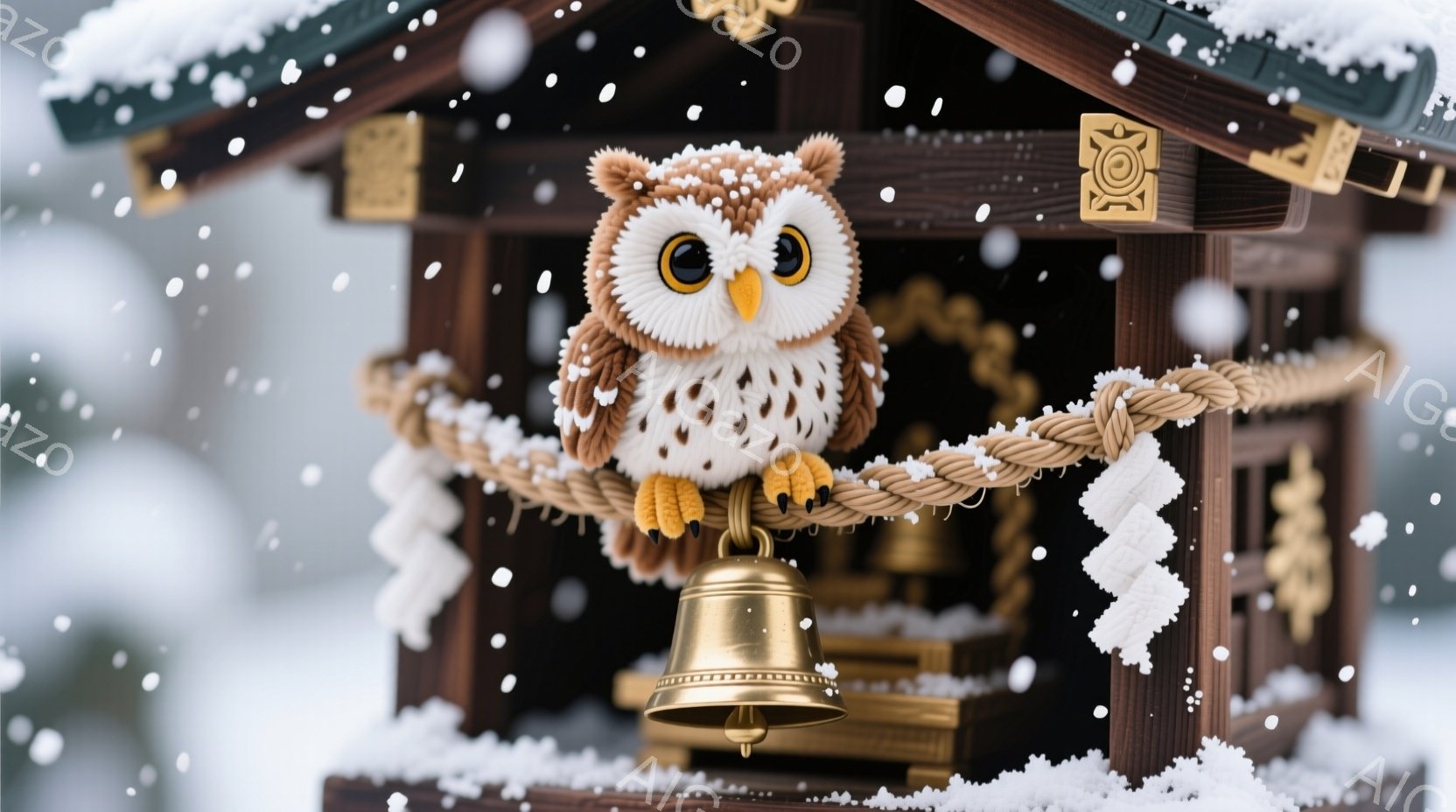 ふわふわとした茶色のフクロウが、神社の注連縄と釣鐘にちょこんと座っている。背景には、雪が降り積もった木造の神社が見え、冬の静寂な雰囲気を醸し出している。フクロウは丸い瞳でこちらを見つめ、愛らしい表情を浮かべている。