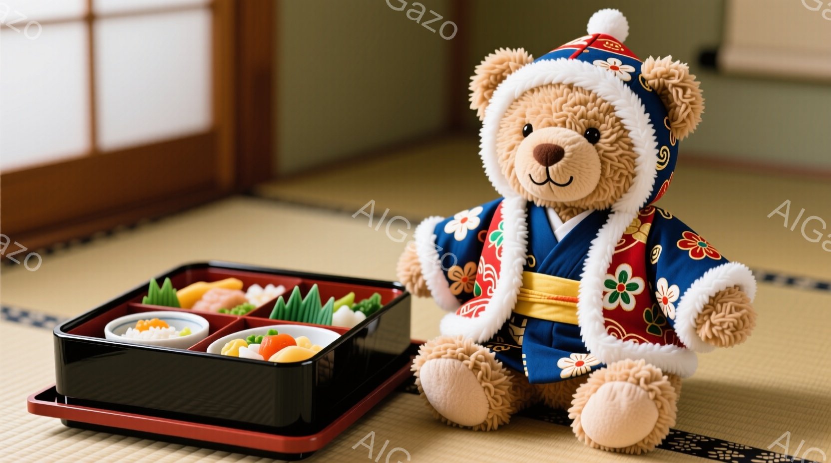 畳の上に、可愛らしいテディベアが日本の伝統的な衣装を着て座っています。ベアは赤い縁取りのある青い着物と、白い襟付きのコートを着ており、頭にはポンポンが付いた帽子をかぶっています。その隣には、仕切り板が - AI生成フリー素材