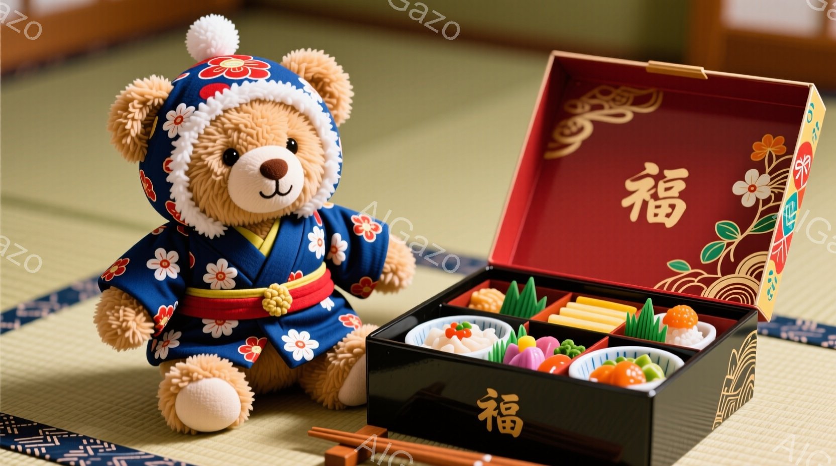 ぬいぐるみの熊が、青地に白く花が咲いた模様の着物と赤い帯を身に着けて、左側に座っています。右側には、蓋が開いた黒塗りの弁当箱があり、中に様々な色とりどりの小さなおかずが並べられています。背景は緑色の畳 - AI生成フリー素材