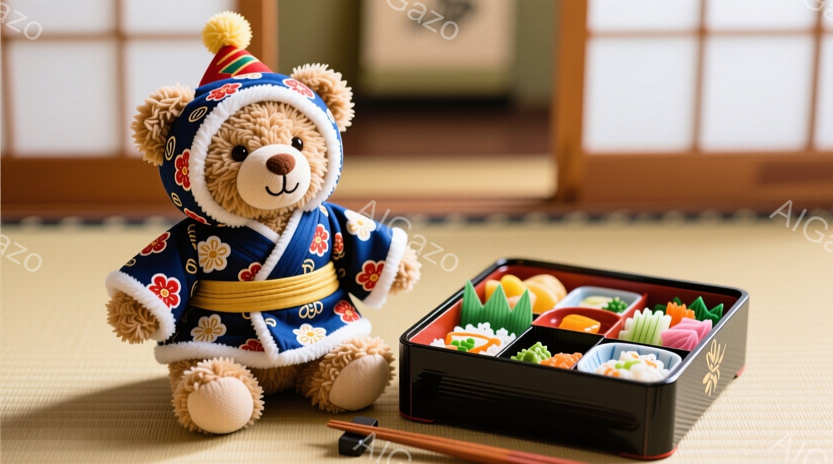 畳の上に、青い花柄の着物と帽子を身につけたテディベアが座っています。その隣には、仕切り板で区切られたお弁当箱と箸が置かれており、鮮やかな色の食材が並んでいます。室内は落ち着いた雰囲気で、日本の伝統的な - AI生成フリー素材