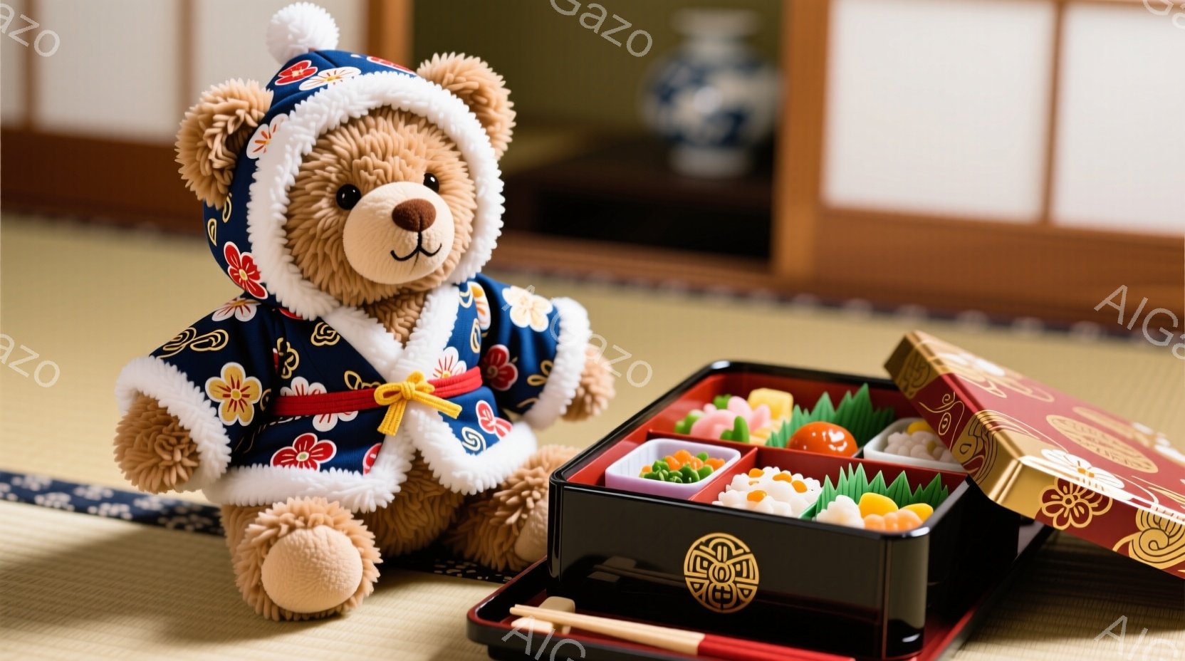 畳の上に、青い着物姿のテディベアが座っています。着物は花柄で、黄色い帯が締めてあり、頭にはポンポンがついた帽子をかぶっています。テディベアの正面には、彩り豊かな和菓子が並んだ弁当箱と箸が置かれ、日本の伝統的な雰囲気が漂っています。
