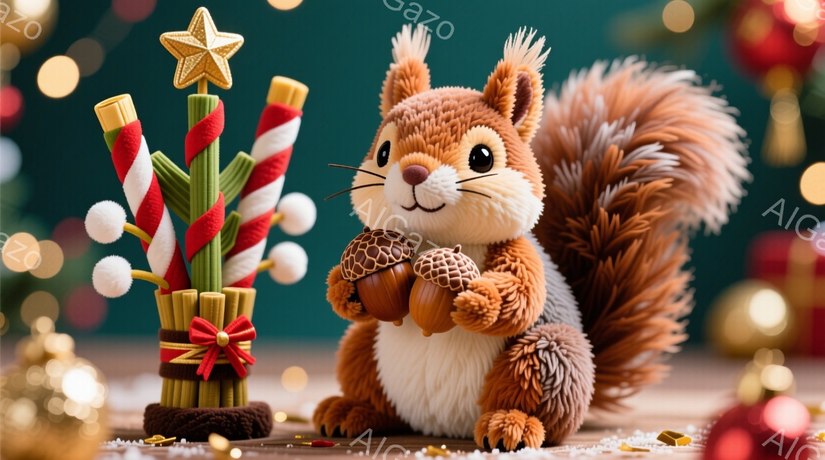 ふわふわの茶色のリスが、両手にドングリを持って座っています。背景には、棒付きキャンディやオーナメントで作られた可愛らしいクリスマスツリーがあり、キラキラと光る背景が温かい雰囲気を演出しています。全体的 - AI生成フリー素材