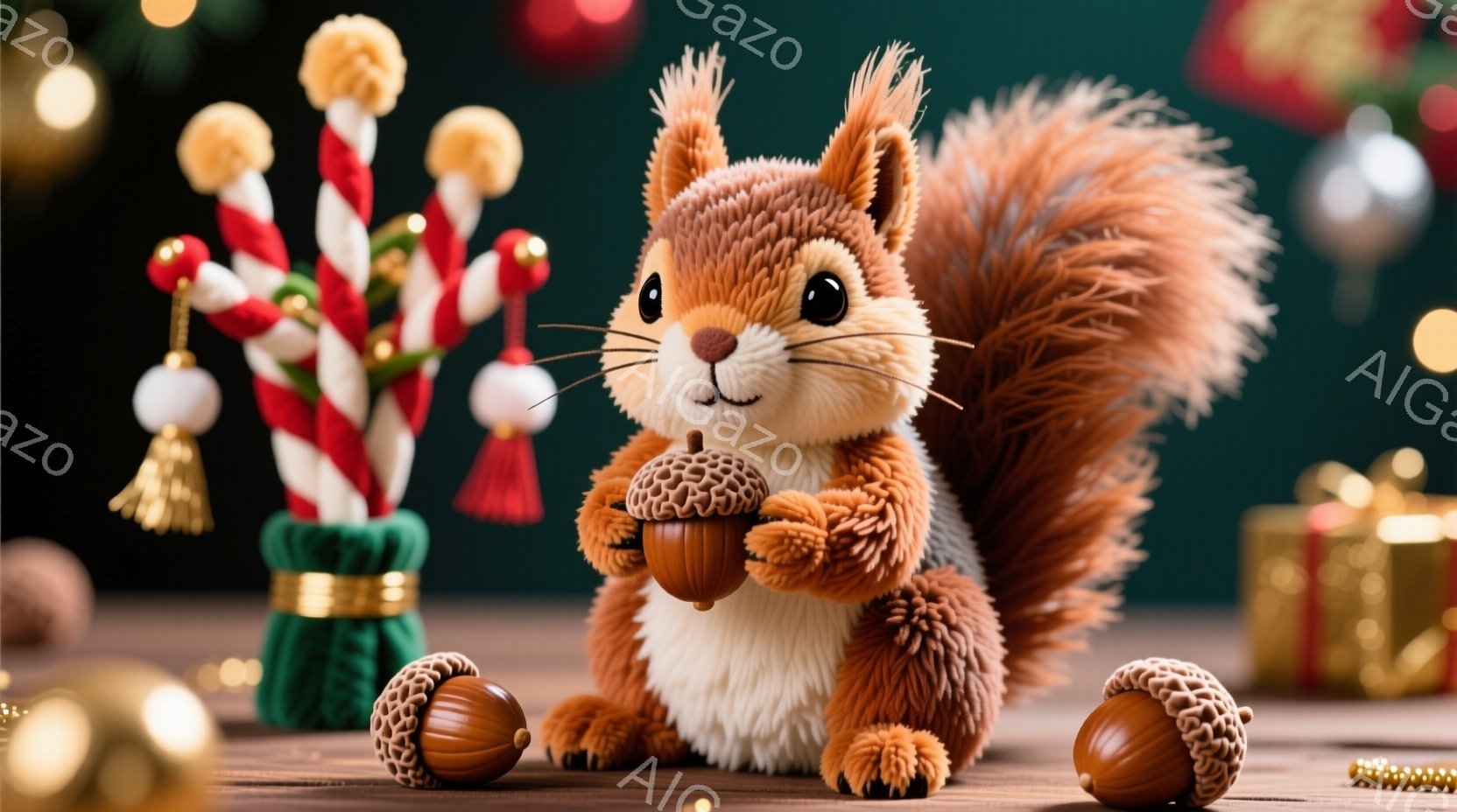 鮮やかな赤褐色の毛並みを持つリスが、片手にドングリを持って座っています。背景には、赤と白のストライプ模様のキャンディケインや、金色の装飾が施されたドングリ、そしてキラキラと輝くオーナメントがぼやけながら見え、クリスマスの雰囲気を感じさせます。全体的に暖かく、お祝いムードに満ちた可愛らしい光景です。