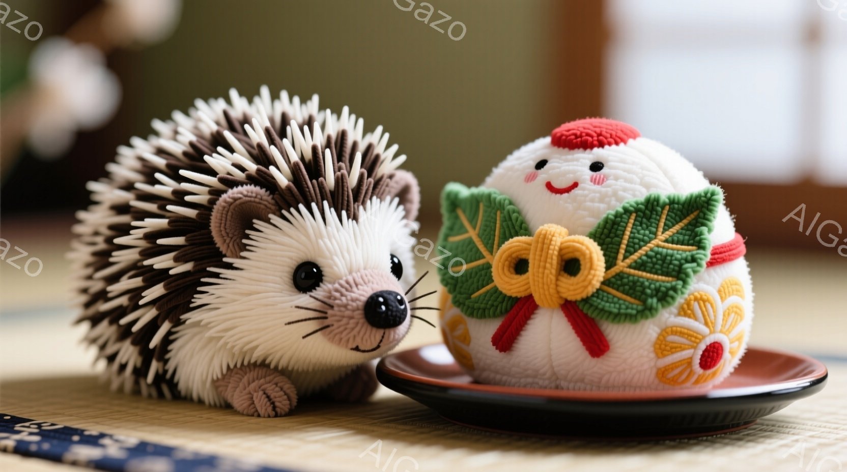 畳の上に、可愛らしいハリネズミのぬいぐるみと、だるまの形をしたお飾りのお皿が置かれています。ハリネズミは茶色と白の毛並みで、つぶらな瞳が特徴的です。だるま飾りは白地に赤や緑の模様が施され、優しい微笑みを浮かべており、全体的に暖かく穏やかな雰囲気です。